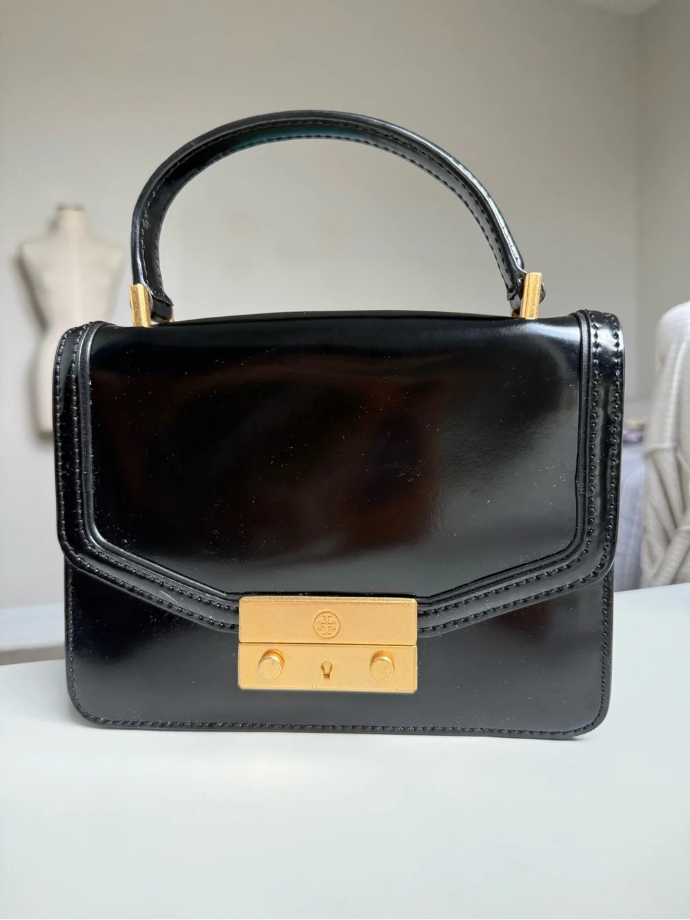 Tory Burch Black Leather Top-Handle Crossbody with Gold Hardware